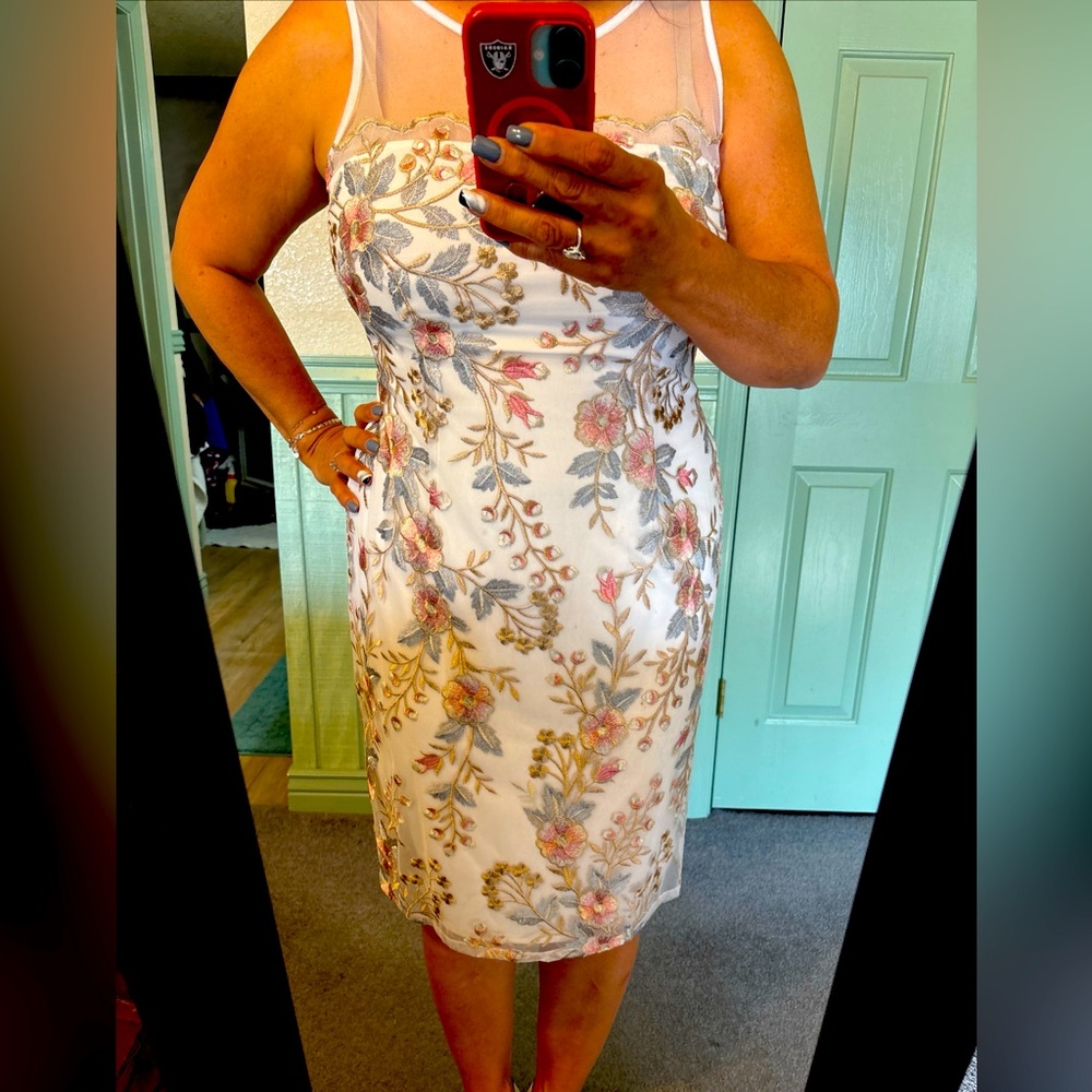 Adrianna Papell Floral Embroidered V-Neck Sheath Cocktail Dress US Size 14